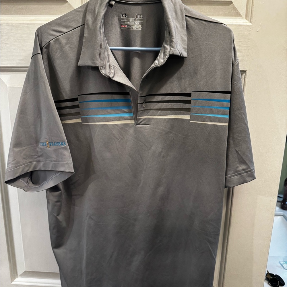 Under Armour Gray Polo with Blue and Black Stripes